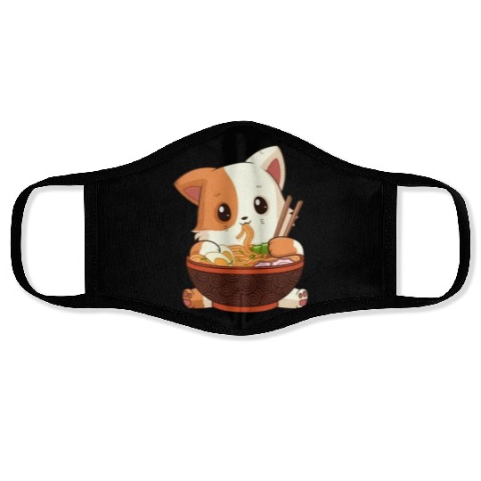 Cute anime cat eating ramen noodles Face Masks