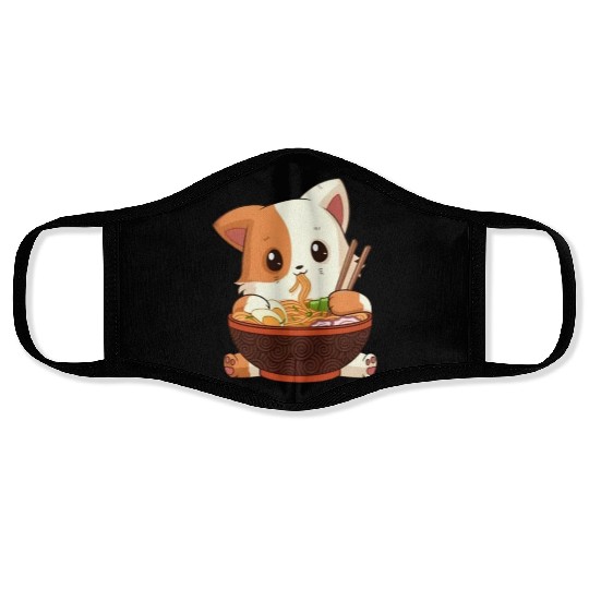 Cute anime cat eating ramen noodles Face Masks