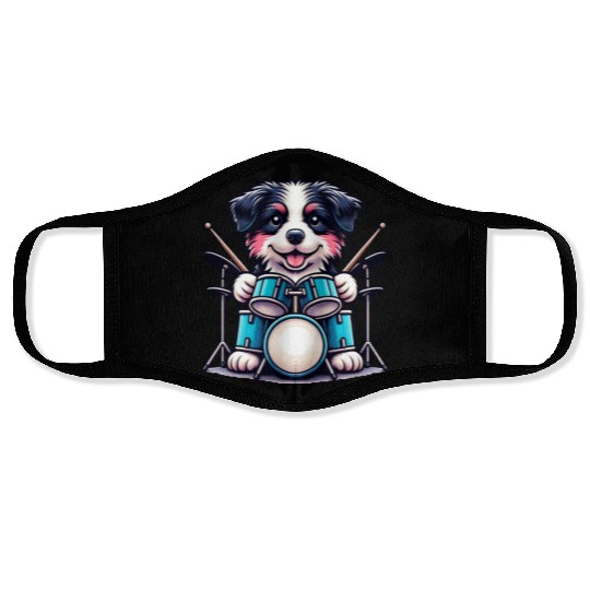 Cool Border Collie Drummer Puppy Design Face Masks