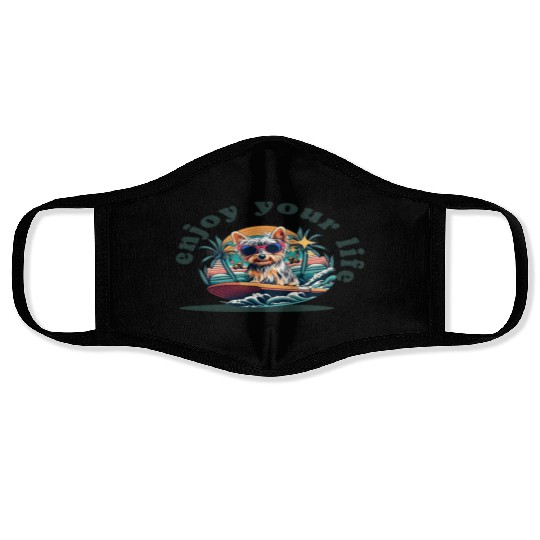 Enjoy Your Life: Yorkie Dog Surfing Premium Cotton Face Masks
