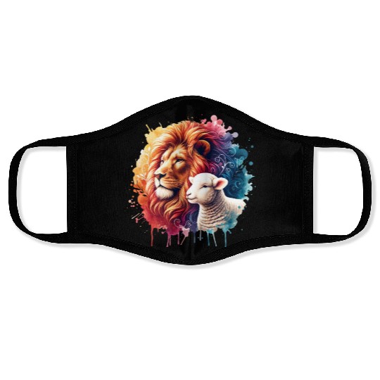 Lion and Lamb Christian Watercolor Design Face Masks
