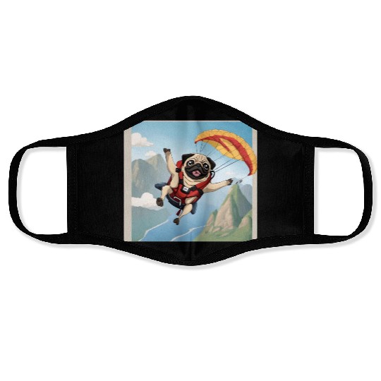 A pug skydiving Face Masks