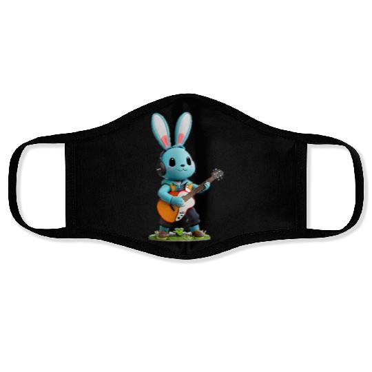 Rabbit playing guitar Face Masks