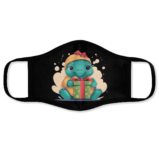Cute Little Green Turtle Holding a Gift Face Masks
