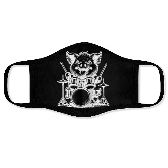 Pig Drummer Farm Beat White Design Face Masks