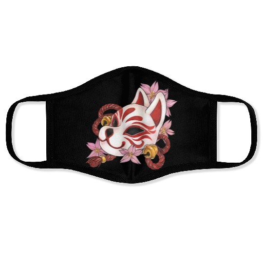 Great Kitsune Inari Kabuki mask with cherry blosso Face Masks