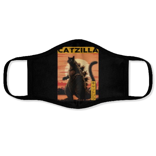 Catzilla Vintage Funny Cute Cat Art Japanese Sunse Face Masks