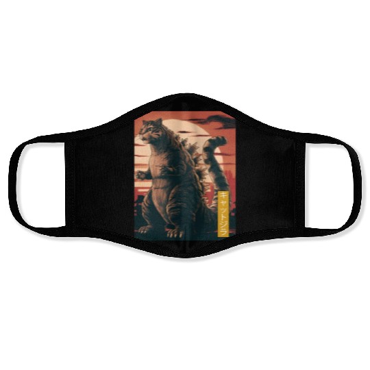 Funny Cute Cat Art Japanese Sunset Retro Catzilla Face Masks