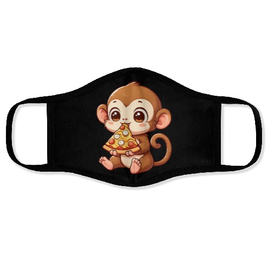 Funny monkey loves pizza humorous chimpanzee Face Masks
