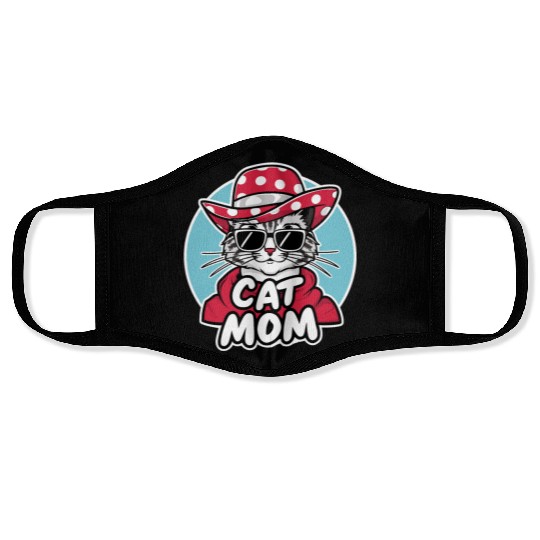 Cat Mom Funny cat with sunglasses, hat and clothes Face Masks