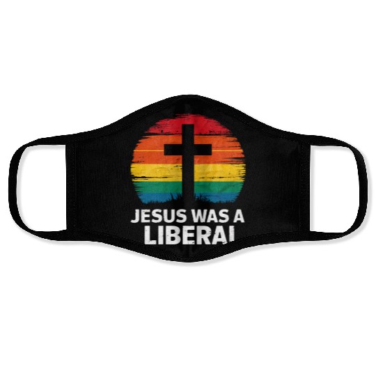 Jesus Was A Liberal Retro Sunset Progressive Face Masks