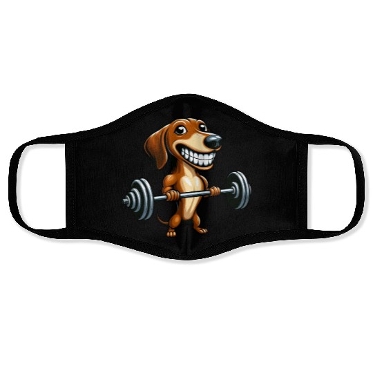 Funny Dachshund with dumbbell dog workout Face Masks
