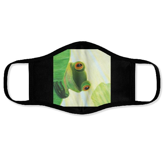 Cute Green Frog Peeping out From Behind Lily Pad Face Masks