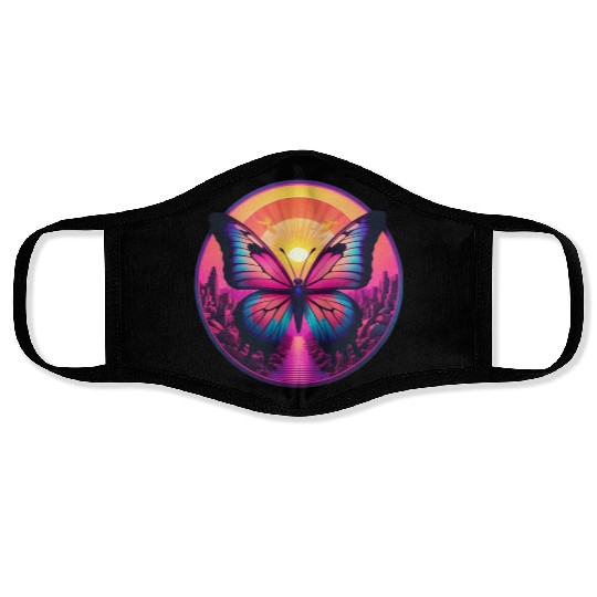Synthwave ButterFly at Sunset Face Masks