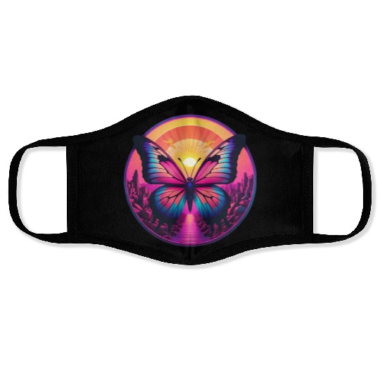 Synthwave ButterFly at Sunset Face Masks