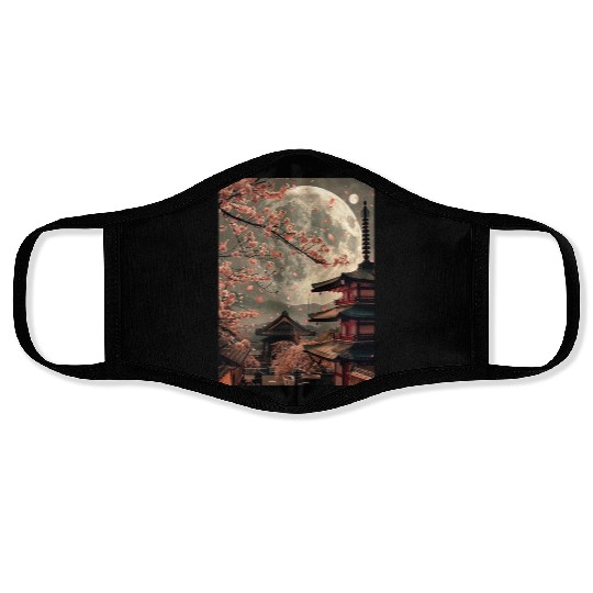 Full Moon in Tokyo Japan Sakura Face Masks