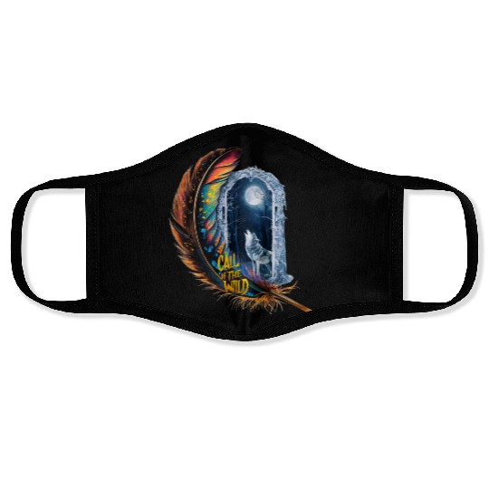 Glowing feather with wolf howling at the moon Face Masks