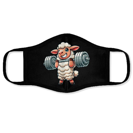 Cute sheep lamb weightlifter fitness workout Face Masks