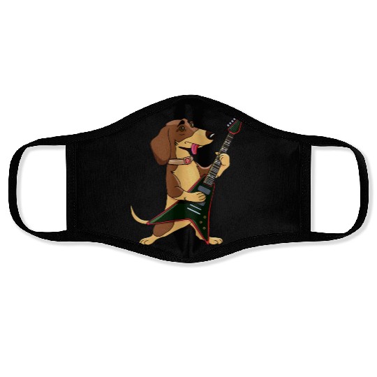 Funny dog dachshund guitar music rockstar Face Masks