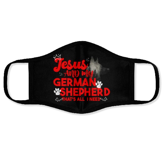 German Shepherd JESUS AND MY GERMAN SHEPHERD Face Masks