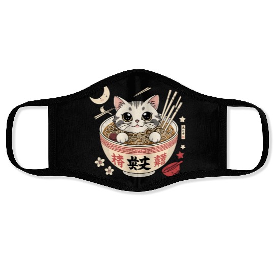 Kawaii Ramen Cat Japanese Noodles for Otaku Lovers Face Masks