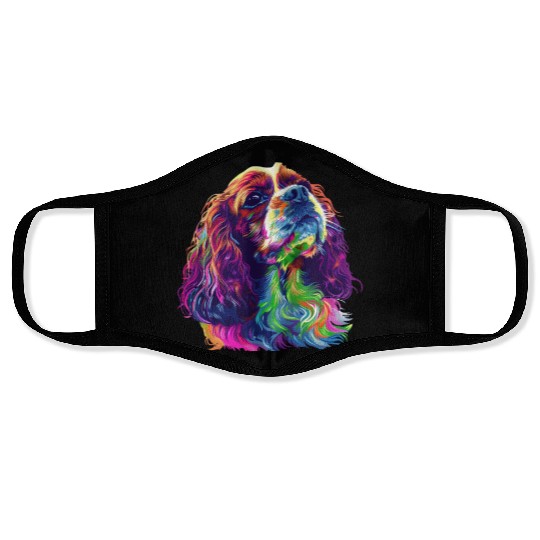 Cavalier King Charles Spaniel Illustration Rainbow Face Masks