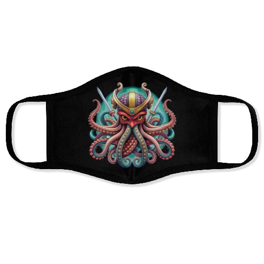 Colorful octopus samurai illustration Face Masks