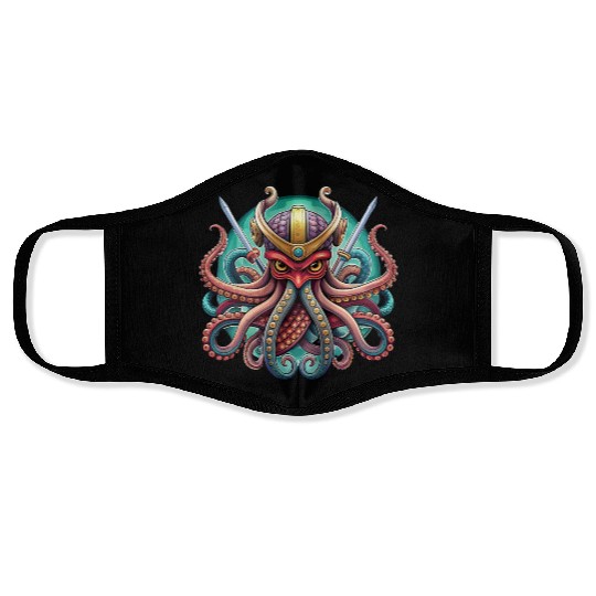 Colorful octopus samurai illustration Face Masks