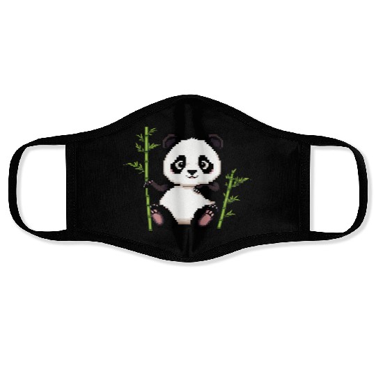 A pixel art of a panda with a bamboo leaf Face Masks