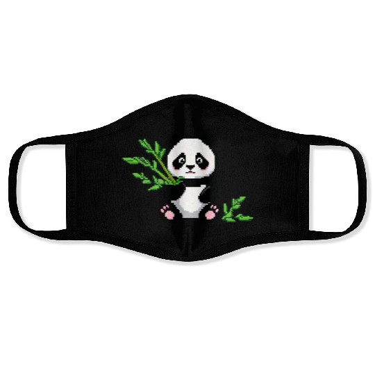 A pixel art of a panda with a bamboo leaf Face Masks