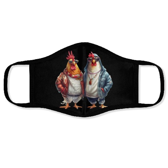 Streetwear-dressed chickens looking Face Masks