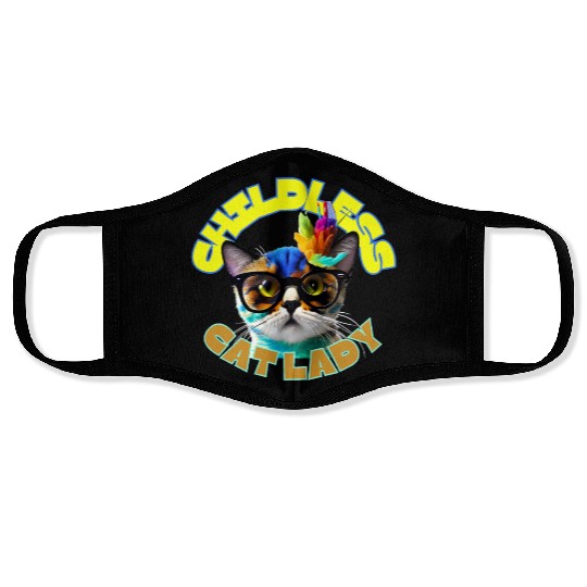 Colorful Cat with Glasses - Childless Cat Lady Face Masks