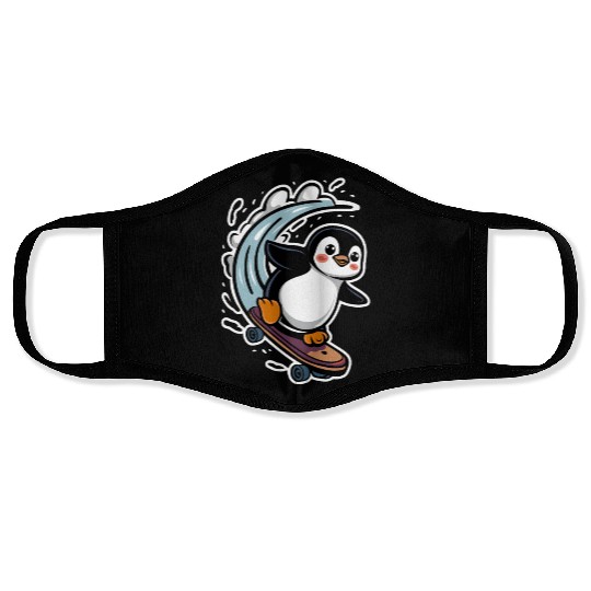 Penguin Skateboarding Adventure Fun Face Masks