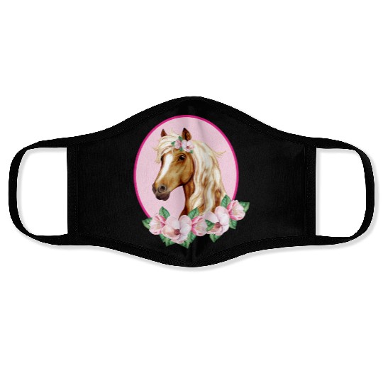 Brown Horse with pink Flowers Face Masks