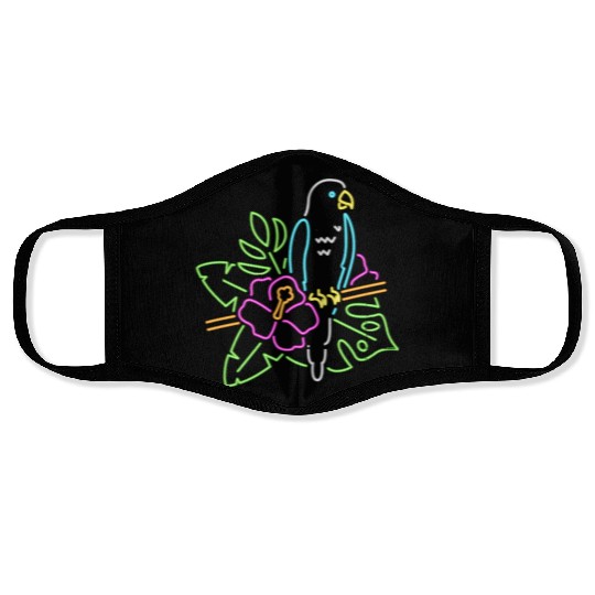 Neon Tropical Parrot with Hibiscus Flower - Colorf Face Masks