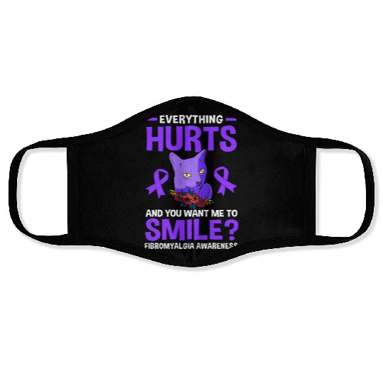 Everything Hurts Cat Purple Ribbon Fibro Awareness Face Masks