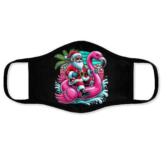 Santa Riding Flamingo in Tropical Christmas Fun Face Masks