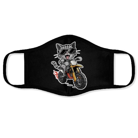 Cat Wearing Sunglasses Riding a Dirt Bike Face Masks