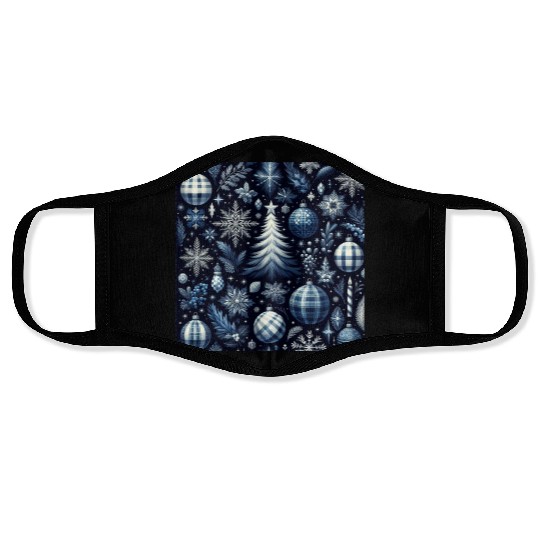 flannel blue and white christmas Face Masks
