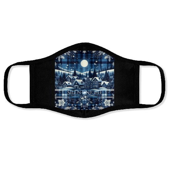 flannel silent night blue and white christmas Face Masks