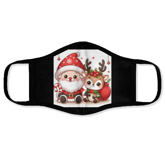 Festive Santa and Reindeer Illustration Face Masks