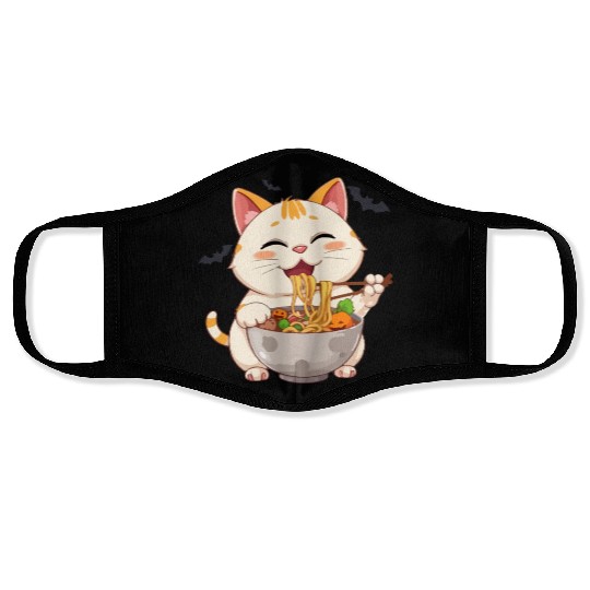 cat ramen Halloween anime kawaii neko eating noodl Face Masks