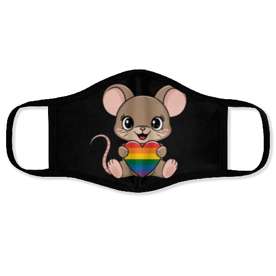 Cute Mouse Holding LGTBQ Rainbow Heart Face Masks