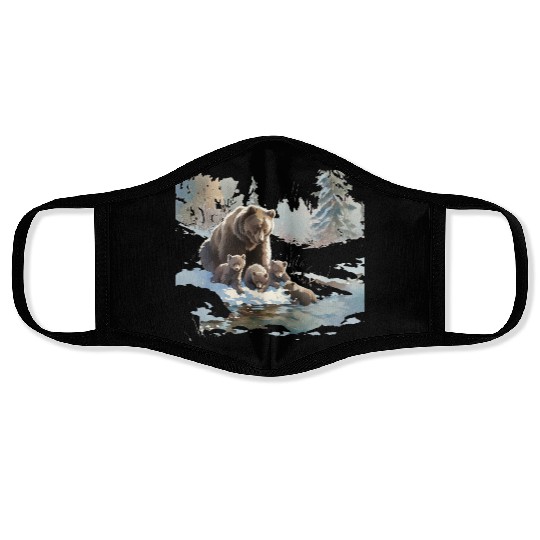 Retro 399 Grizzly Bears Wilderness Scene 90s Face Masks