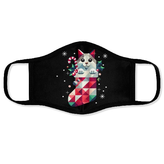cute cat in a colorful Christmas stocking Face Masks