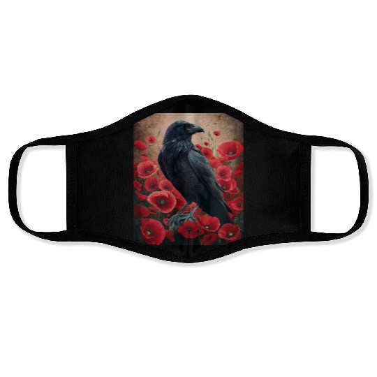 Raven Red Poppies Gothic Nature Art natural Face Masks