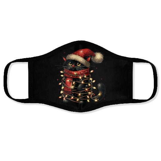 Black Cat In Christmas Light, Cat Lights Face Masks