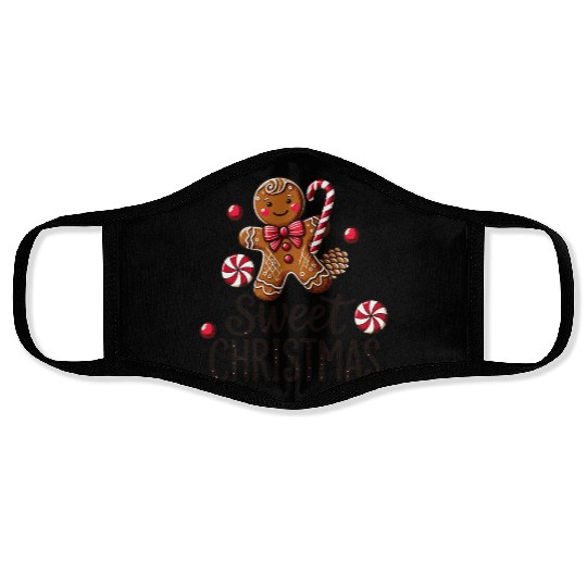 Happy gingerbread man with candy cane Face Masks