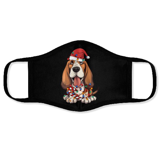 Basset Hound Santa Christmas Lights Dog Lover Face Masks