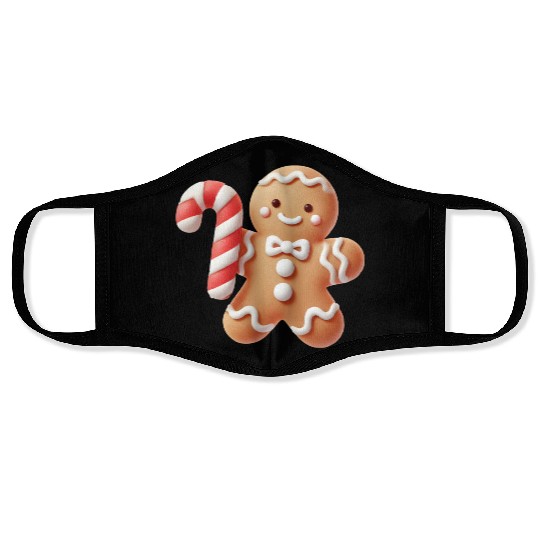 Happy gingerbread man with candy cane Face Masks